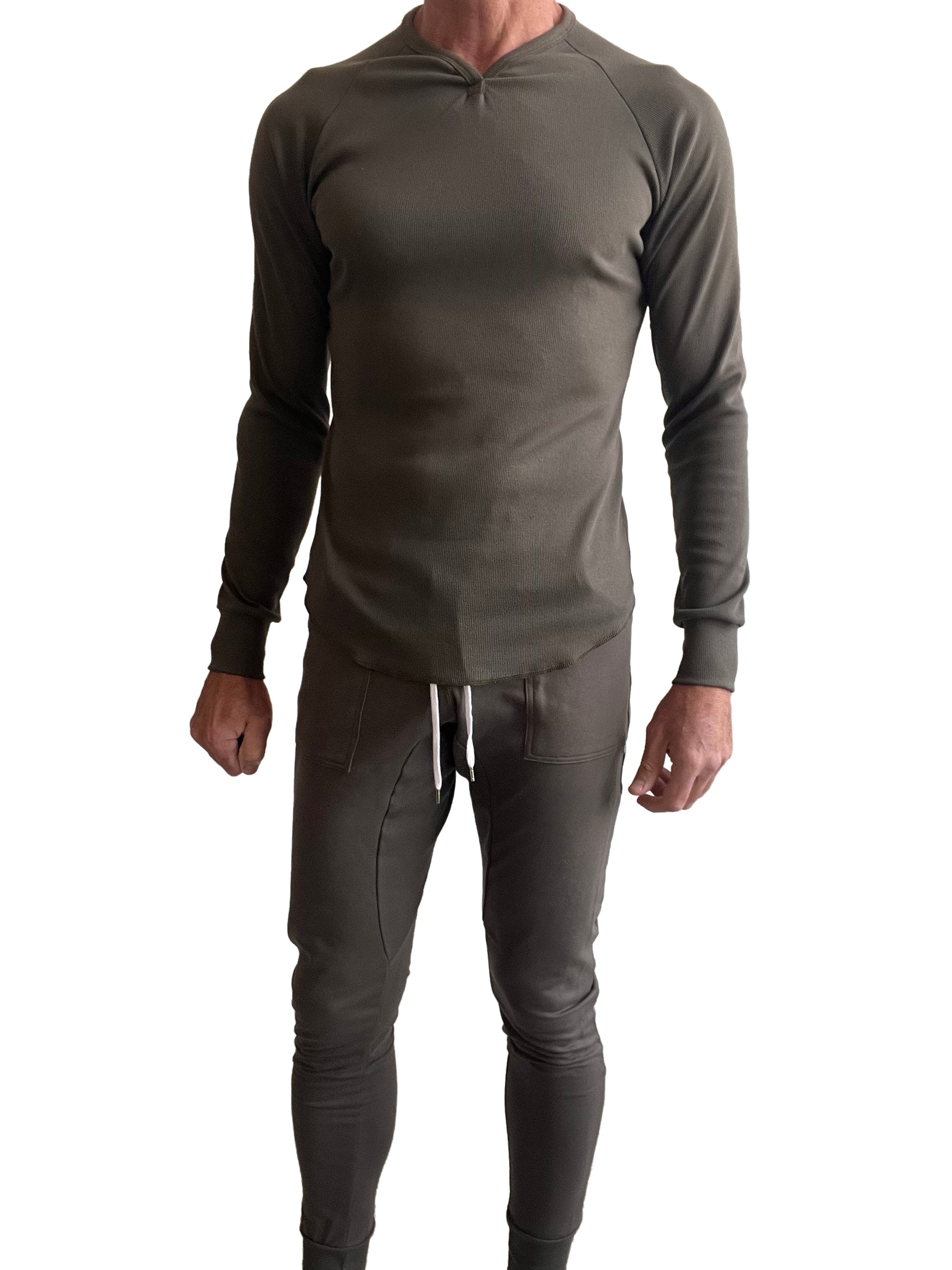 Olive green thermal v neck long sleeve hoodie and matching joggers set made from warm fabric for casual wear