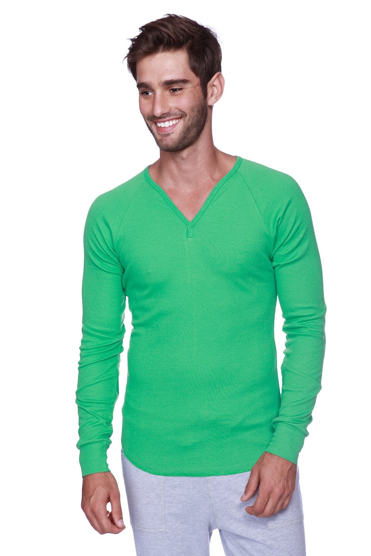 Bright green bamboo thermal v-neck long sleeve sweater with ribbed cuffs and hem for cozy wear