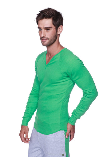 Vibrant green thermal v-neck long sleeve henley shirt with subtle textured bamboo fabric and small neckline button