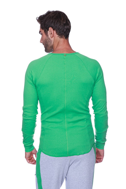 Bright green thermal v neck long sleeve shirt made of bamboo with ribbed texture and raglan sleeves for athletic use