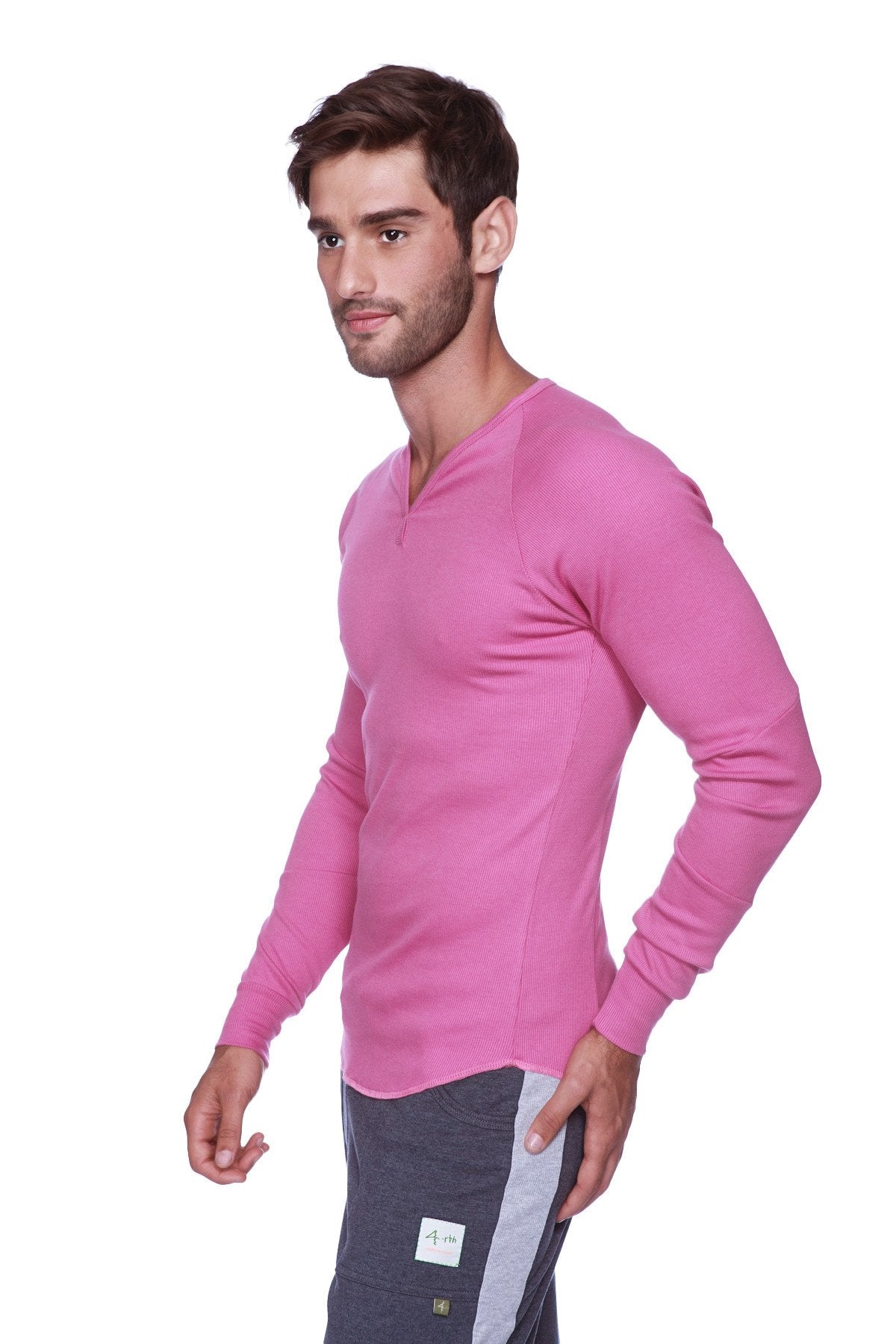 A vibrant berry pink thermal v-neck long sleeve shirt made of soft stretchy ribbed fabric