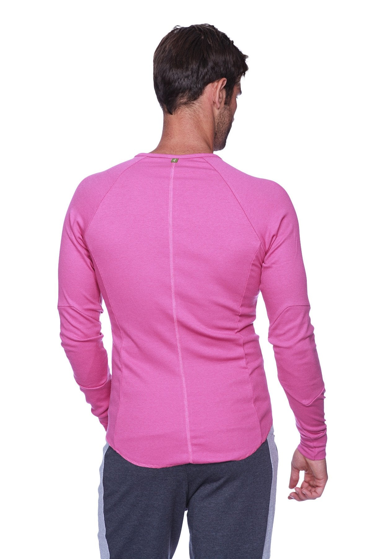 A vibrant berry thermal v neck long sleeve shirt with ribbed texture and subtle seam detailing