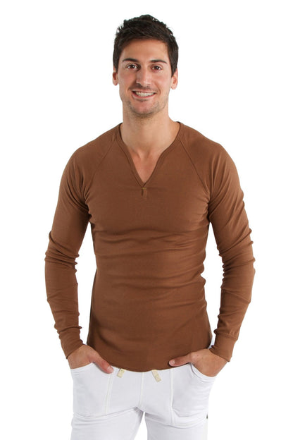 A slim-fitting chocolate thermal v-neck long sleeve shirt with subtle ribbed texture made for warmth and comfort