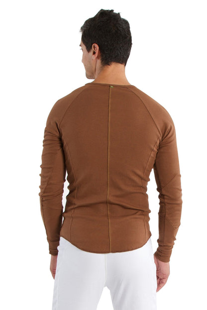 Thermal v-neck long sleeve chocolate brown fitted athletic top showing back with subtle seam detailing