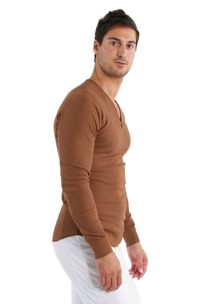 A slim-fit thermal v-neck long sleeve sweater in chocolate brown with a subtle ribbed texture