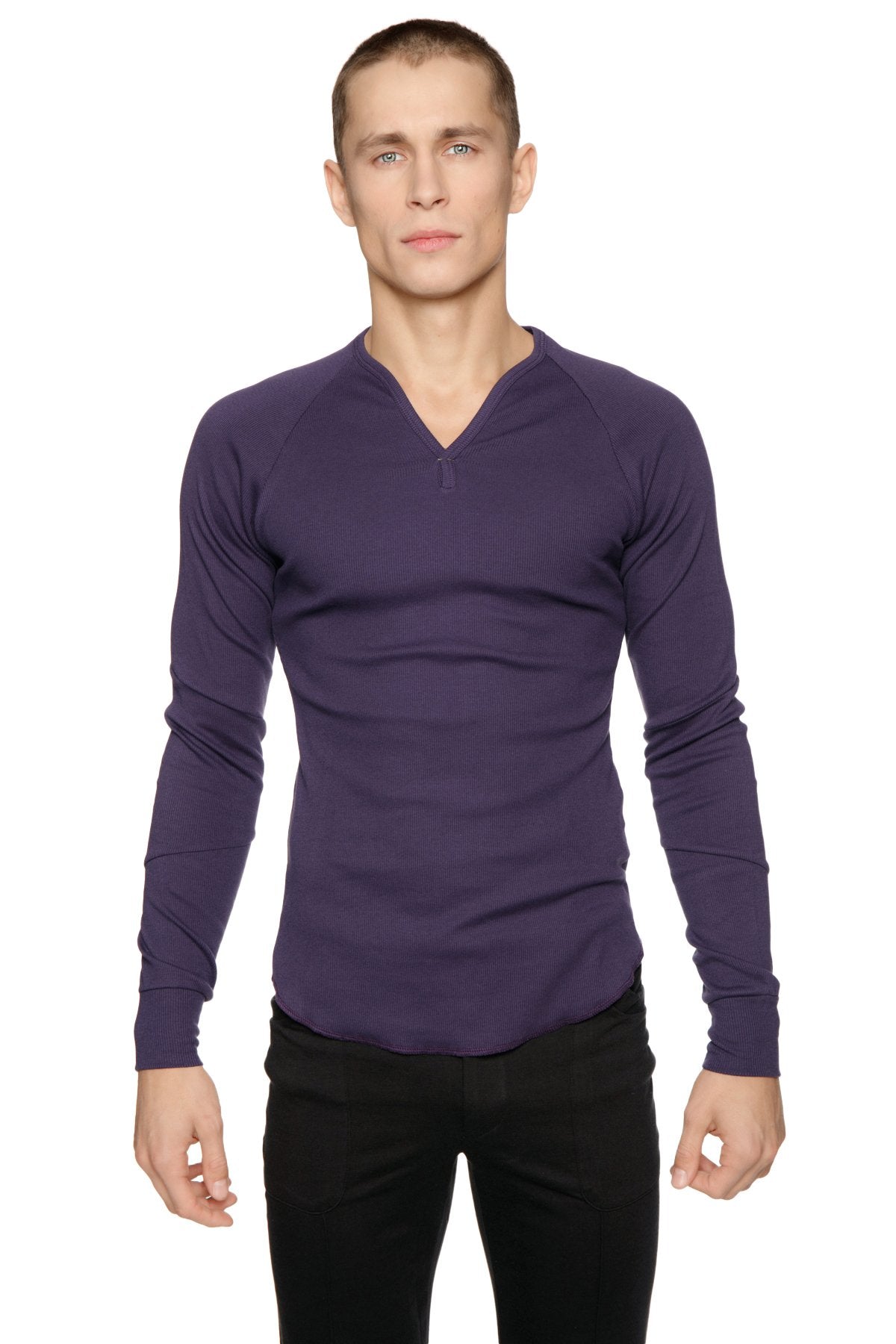 A sleek deep purple thermal v-neck long sleeve shirt with a subtle zipper detail at the neckline