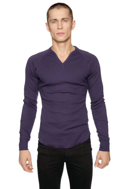 A sleek deep purple thermal v-neck long sleeve shirt with a subtle zipper detail at the neckline