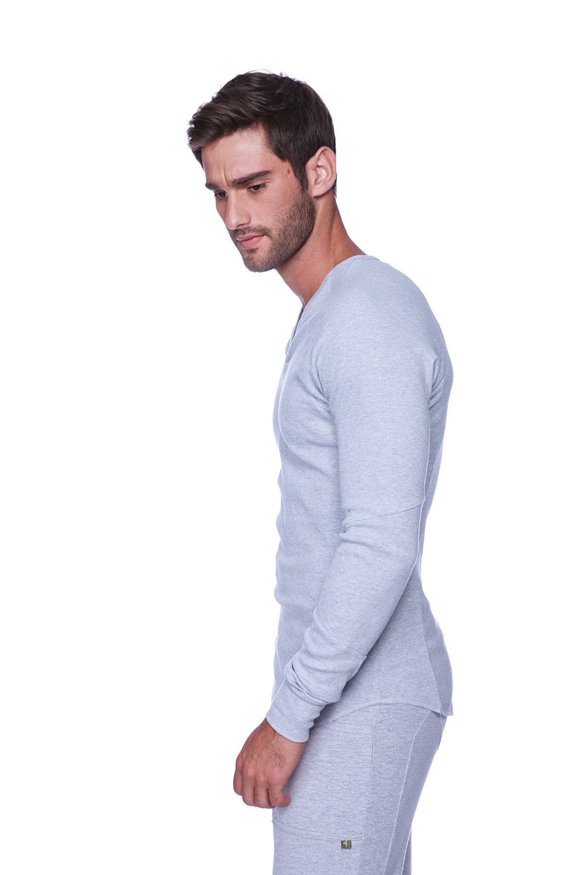 Light gray thermal v-neck long sleeve set made from soft heather grey fabric for warmth and comfort