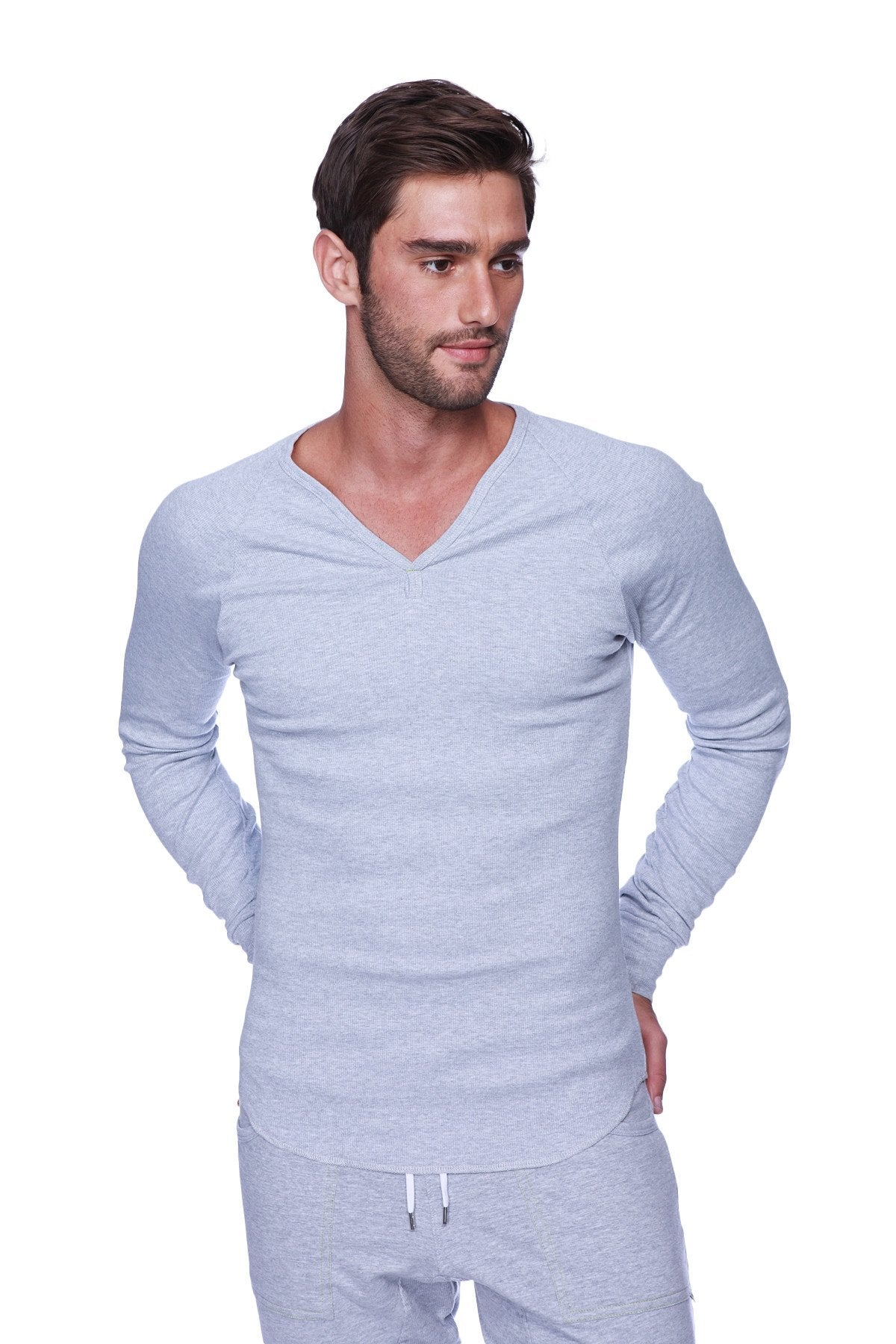 Thermal v neck long sleeve shirt in heather grey with subtle texture ideal for layering and warmth