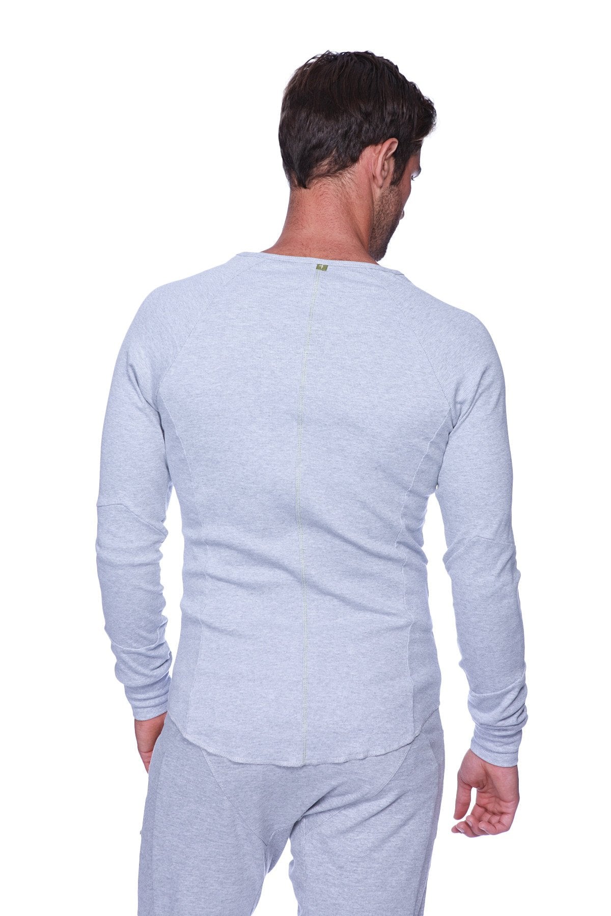 Thermal v-neck long sleeve heather grey shirt in light gray heathered fabric with crew neck and ribbed cuffs