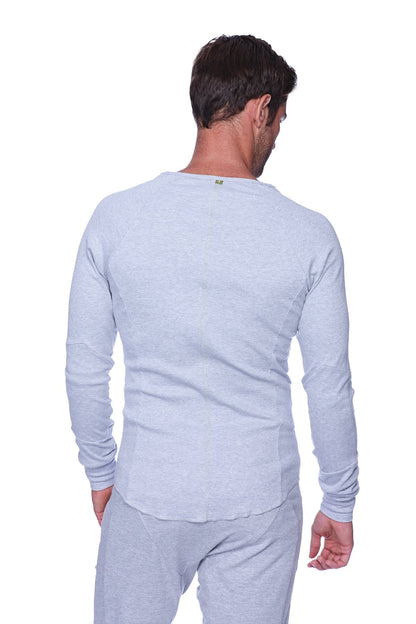 Thermal v-neck long sleeve heather grey shirt in light gray heathered fabric with crew neck and ribbed cuffs