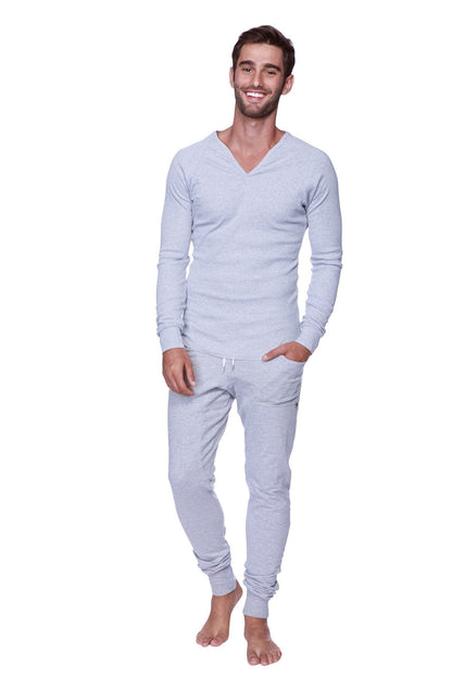 Thermal v-neck long sleeve heather grey light gray long-sleeved top and matching jogger pants set in soft thermal fabric