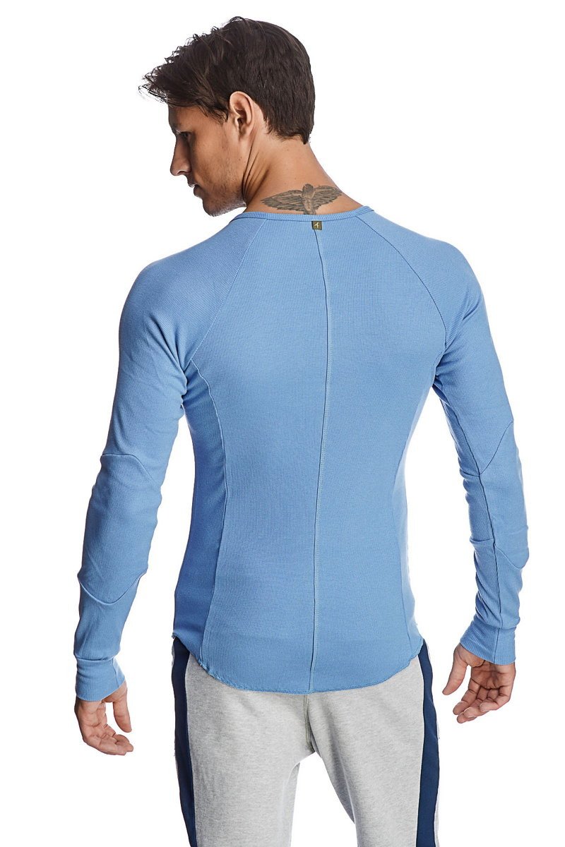 Thermal v-neck long sleeve ice blue ribbed athletic shirt back view with central seam and subtle side panels