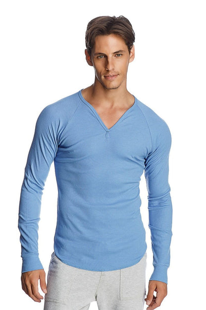 Light blue ribbed thermal v neck long sleeve shirt made of warm fabric for cold weather layering