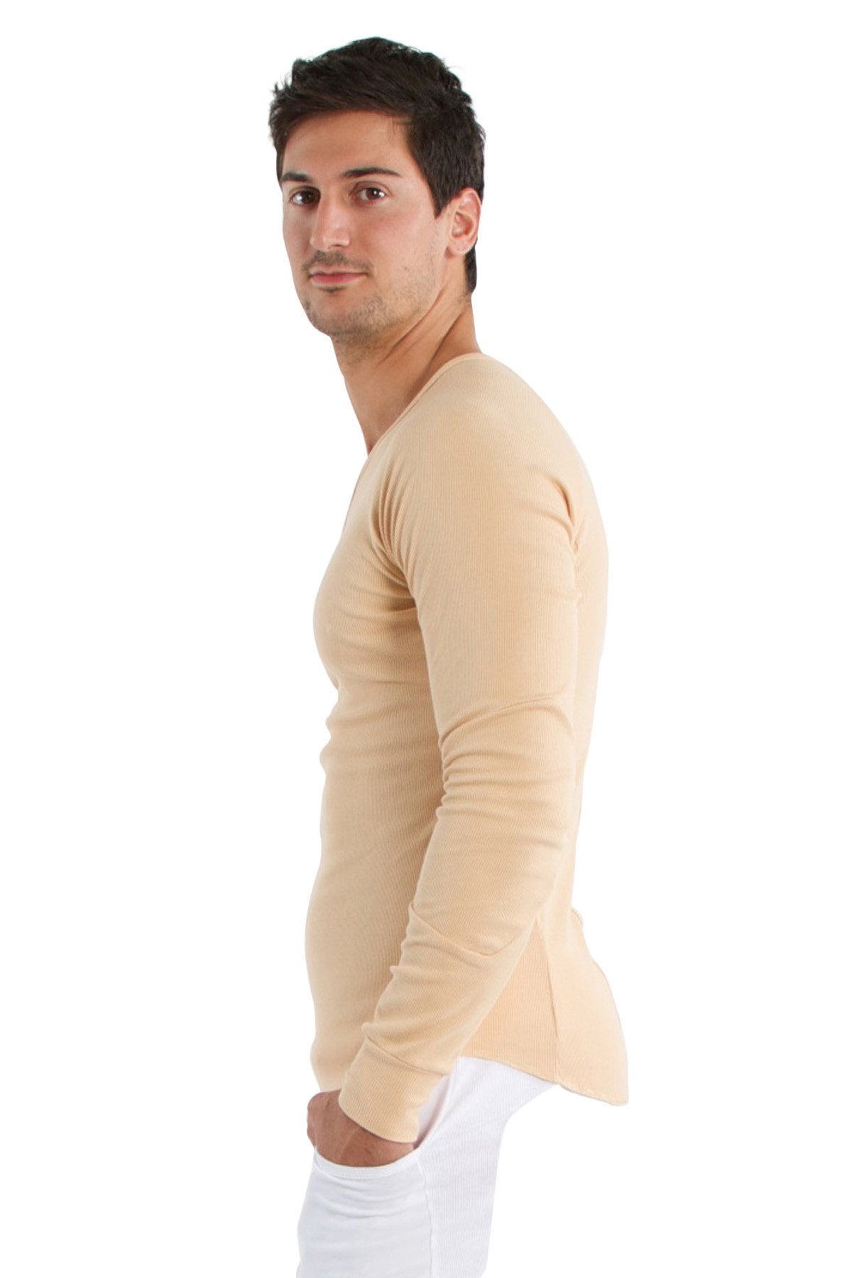 Beige thermal v neck long sleeve shirt with fitted tapered silhouette ideal for layering and casual wear