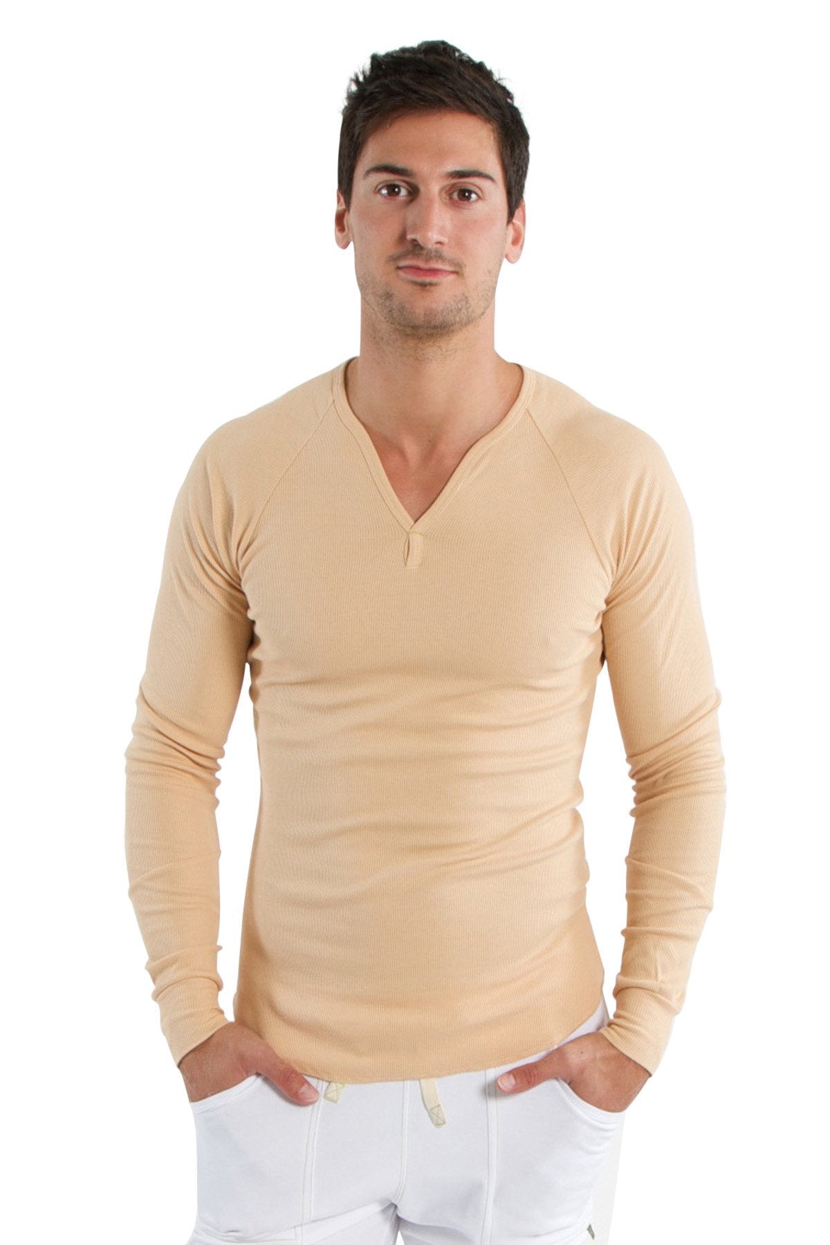 Beige thermal v-neck long sleeve shirt with subtle ribbed texture designed for warmth and comfort