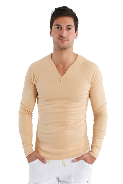 Beige thermal v-neck long sleeve shirt with subtle ribbed texture designed for warmth and comfort