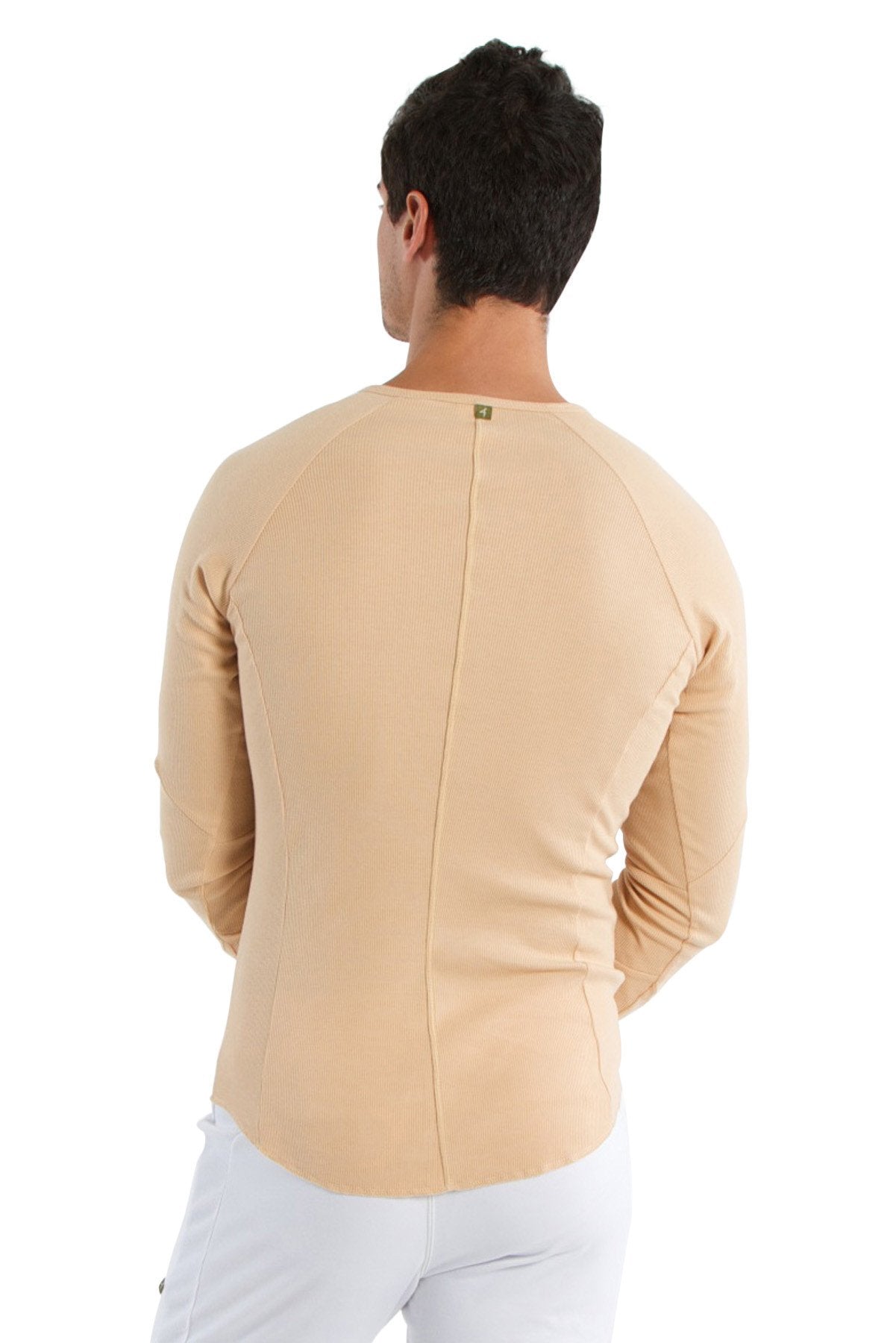 Beige thermal v neck long sleeve shirt with subtle ribbed texture and central seam on the back side