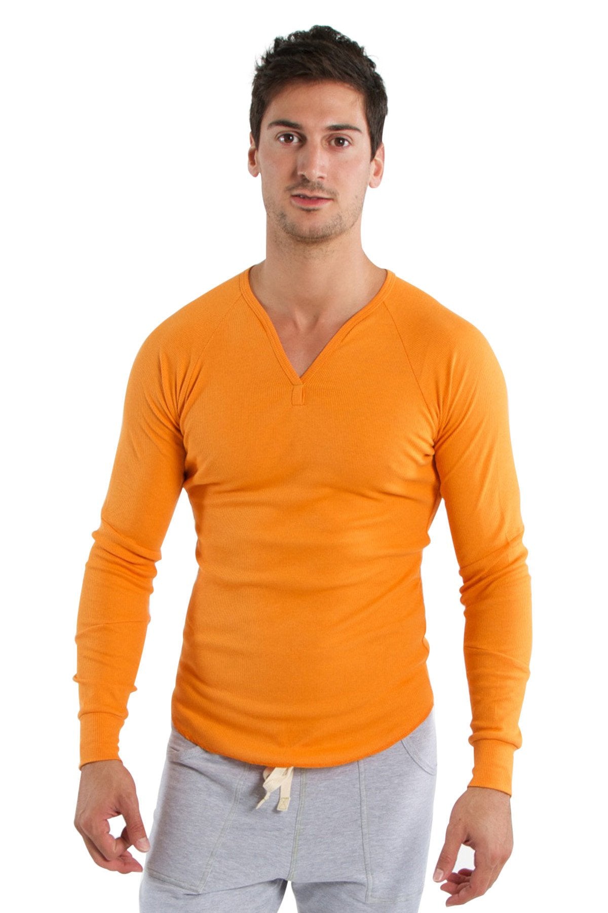 Orange thermal v-neck long sleeve shirt made of warm fabric ideal for cold weather layering