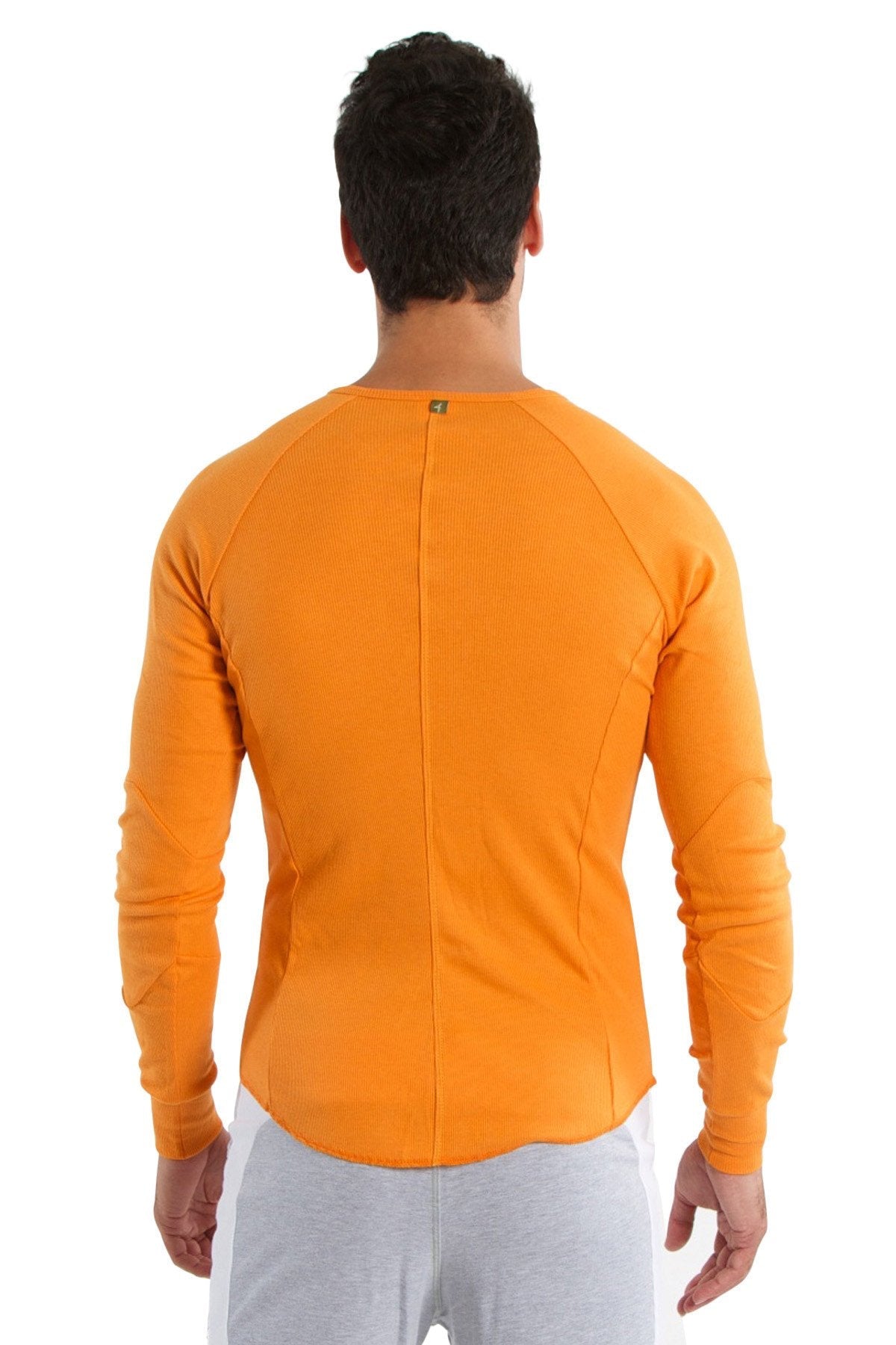 Orange thermal v-neck long sleeve athletic shirt with ribbed back panel and raglan sleeves shown from the back