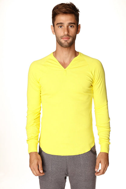 Bright yellow thermal v-neck long sleeve shirt made of warm fabric for cozy casual wear in tropic yellow
