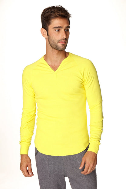 Bright yellow thermal v-neck long sleeve shirt with soft fabric for warm and comfortable wear in tropic yellow