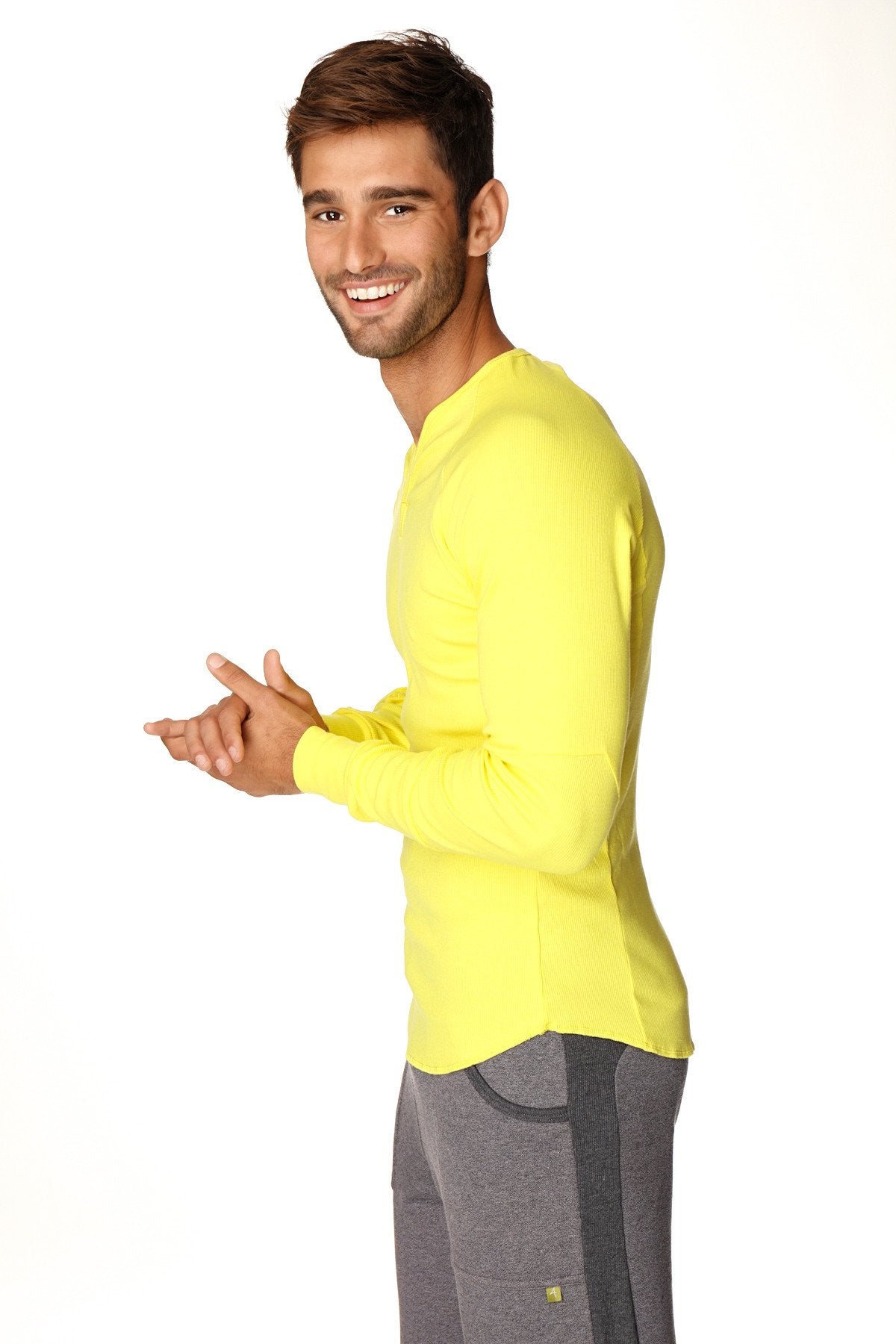 Bright yellow thermal v-neck long sleeve top with crew neck designed for warmth and comfort
