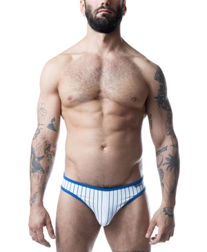 White bikini briefs with blue vertical stripes and blue trim.