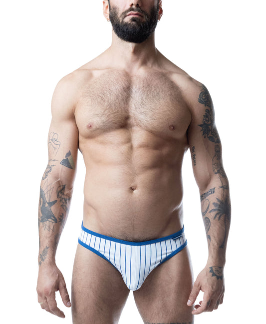 White bikini briefs with blue vertical stripes and blue trim.