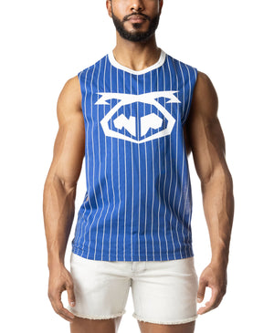 Blue and white pinstripe sleeveless tank top with large white chest logo and white trim, paired with light shorts.