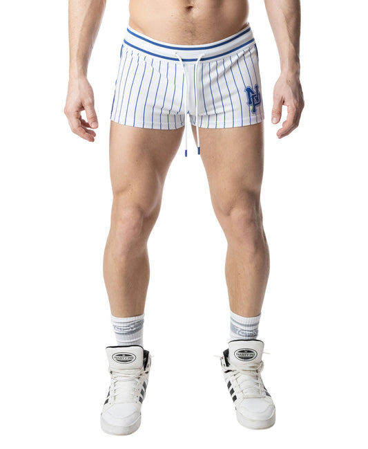 White and blue pinstripe athletic shorts with a drawstring waist and logo on the left leg.