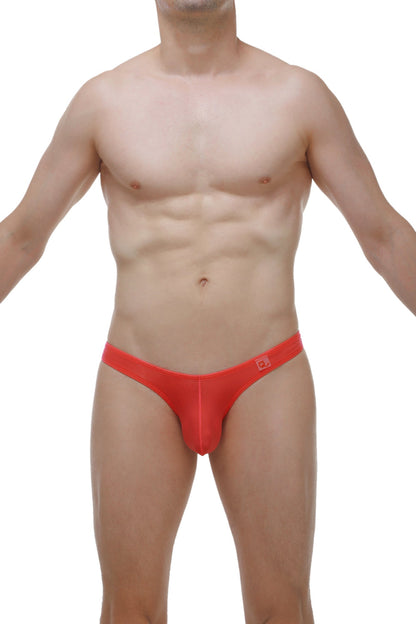 Red thong dome plum crimson men’s briefs with smooth stretchy fabric and small logo on the waistband front view