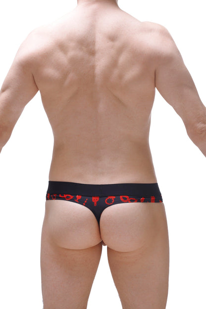Black thong with red symbolic waistband patterns featuring a hole cockring for boudoir use back view
