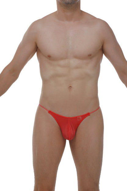 Red glossy fabric thong lolif plum crimson with thin straps and small logo on the front