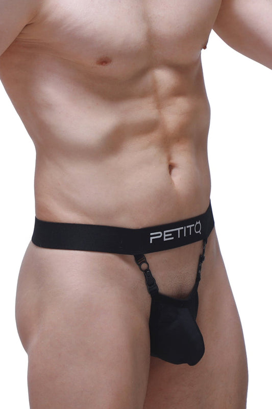 Black petitq brand thong pinces black jockstrap with smooth elastic waistband and adjustable straps visible from the back