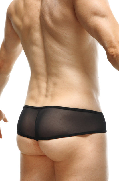 Black sheer mesh thong toga net briefs with solid black waistband showing front side design