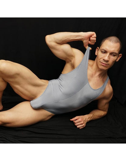 Arroyman Men's Thong Tank Top Bodysuit Xadrez Body String Grey BY02S