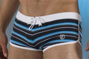 Timoteo competition trunk swimwear in blue and white striped fabric with white drawstring waistband size m