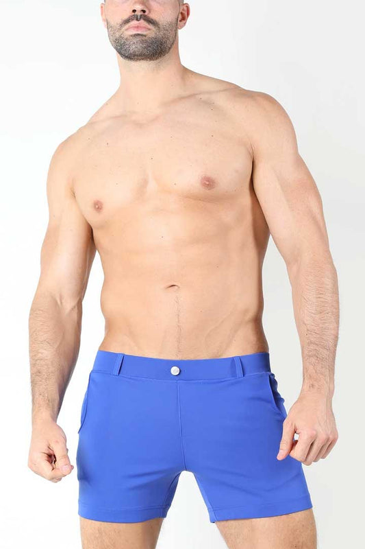 Timoteo santa monica shorts blue tms150 size M with bright blue form-fitting fabric and single button waistband closure