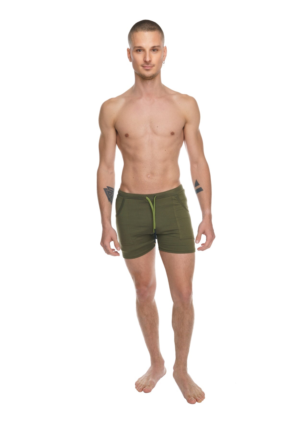Olive green transition yoga shorts with contrasting lime green drawstring designed for athletic use