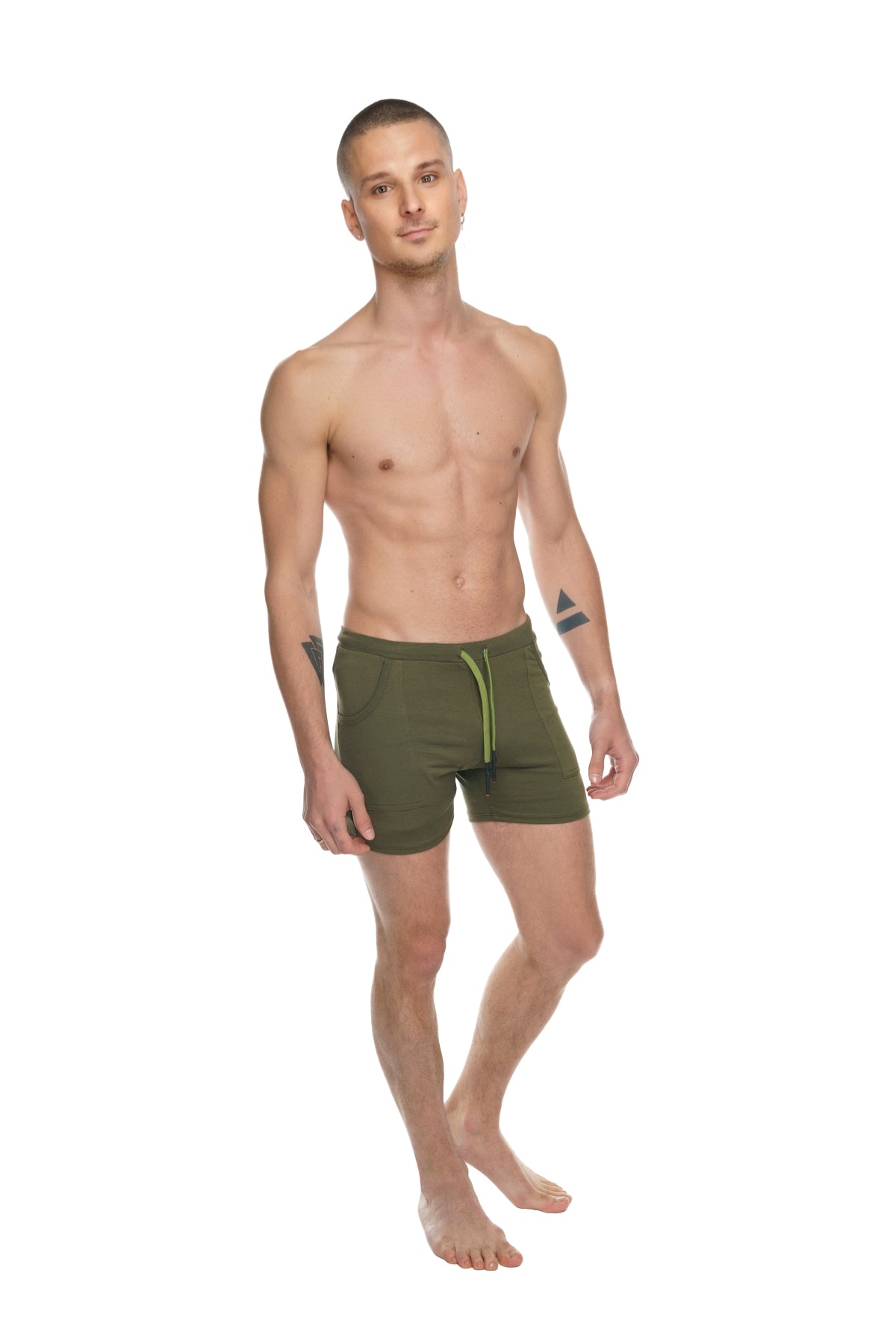 Olive green transition yoga shorts with lime green drawstring designed for athletic comfort and flexibility