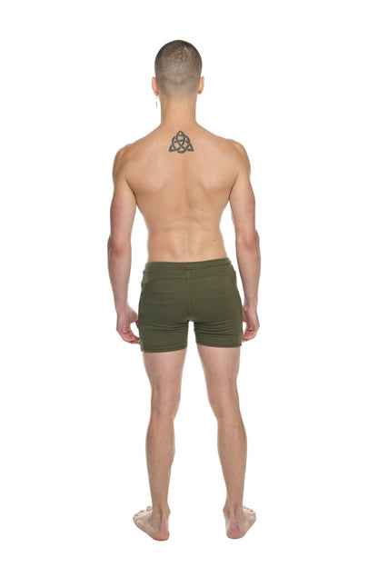 Olive green transition yoga shorts made from breathable fabric designed for athletic and casual wear