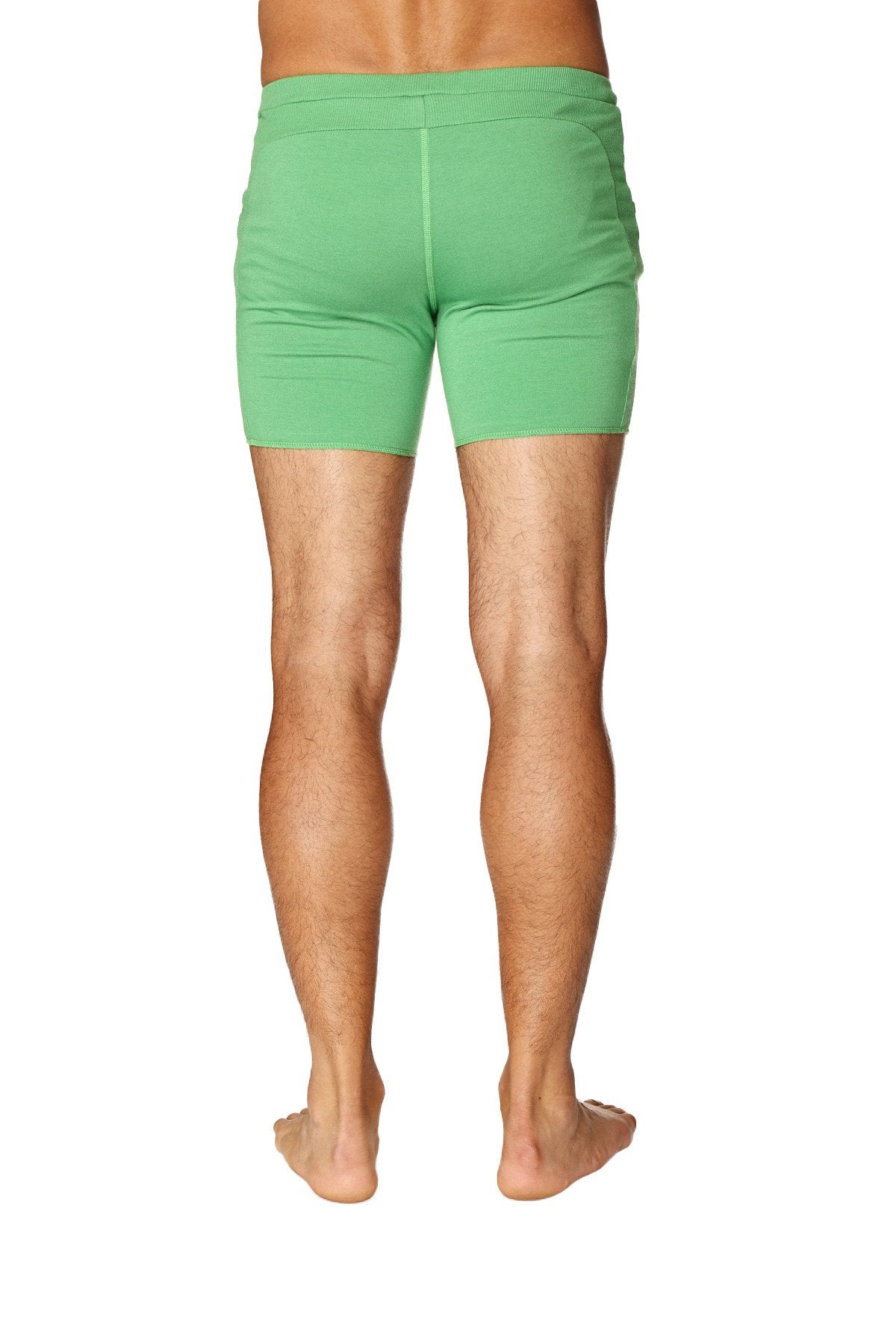 Green transition yoga shorts with snug fit and elastic waistband made from bamboo fabric