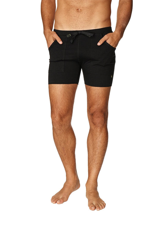 Black transition yoga shorts with sleek modern drawstring design and subtle side branding for activewear use