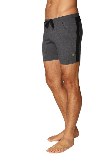 Transition yoga short in charcoal with black side panels heathered fabric and a drawstring waistband
