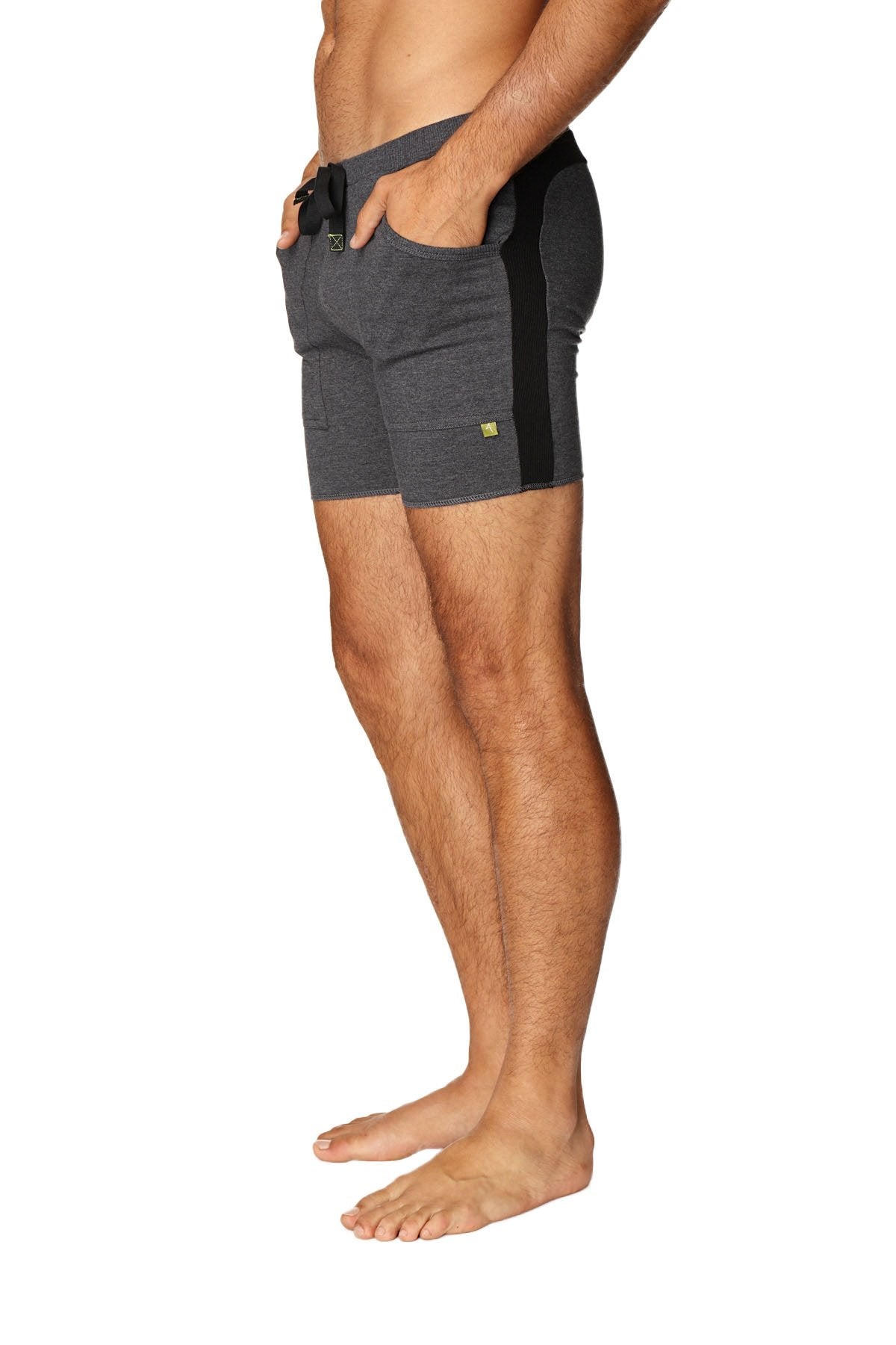 Dark gray transition yoga shorts with black side panels and drawstring waistband for athletic wear