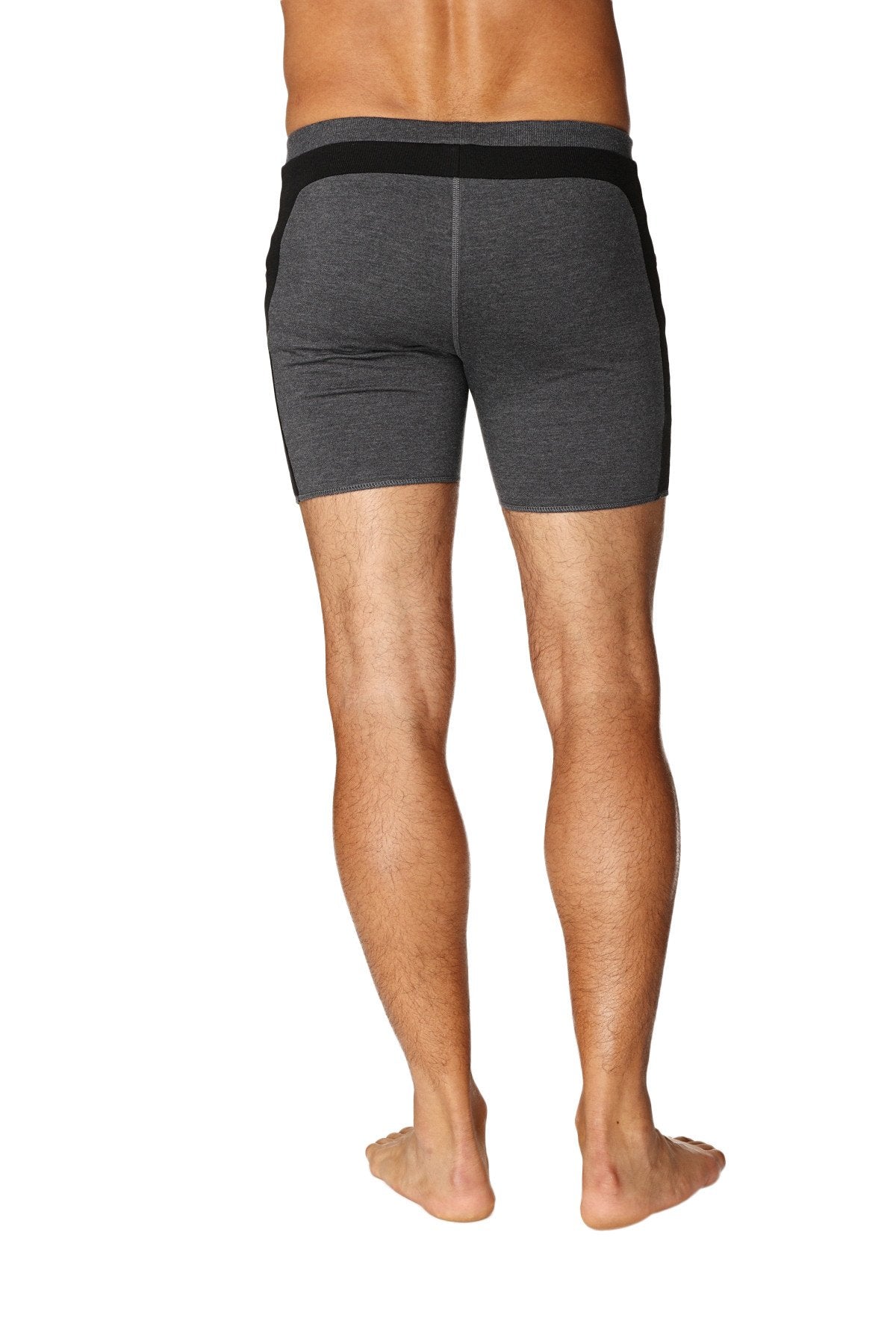 Gray transition yoga shorts with black side panels and waistband featuring snug fit for active wear