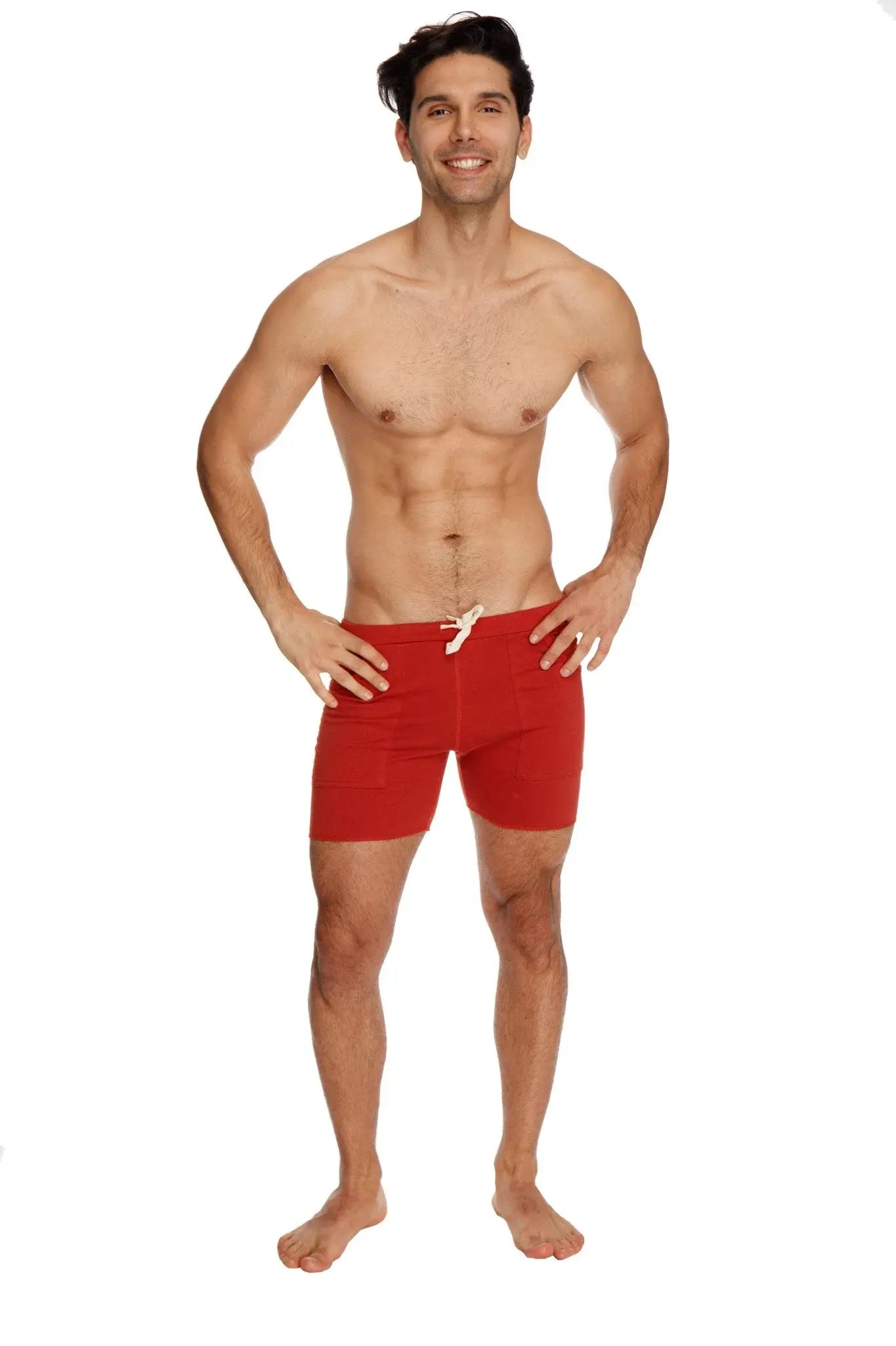 Transition yoga short in cinnabar red with white drawstring made for active comfort and flexibility