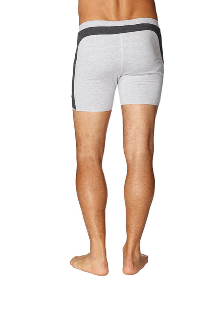 Transition yoga short in grey heathered fabric with dark gray waistband and side panels for comfortable wear