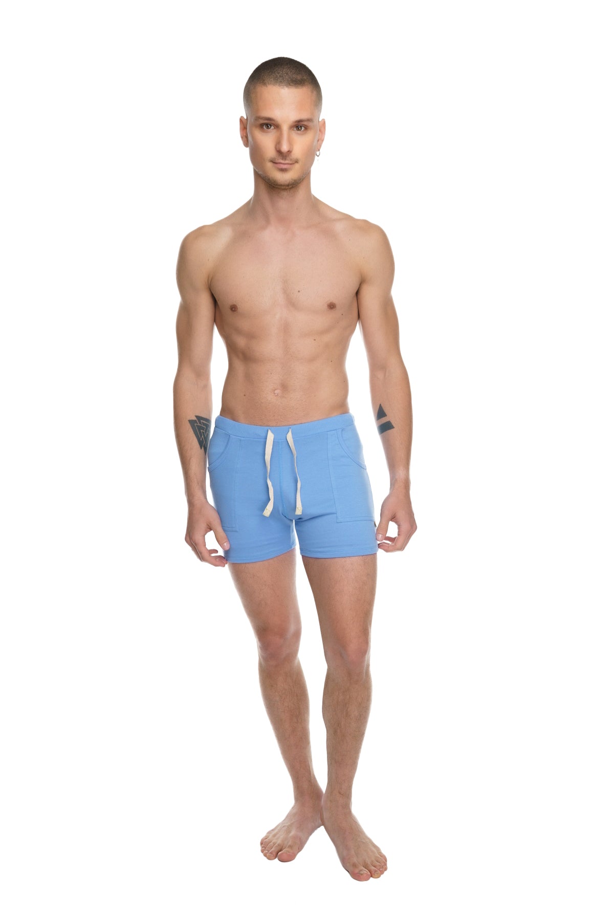 Transition yoga short ice blue featuring light blue athletic fabric with white drawstrings for comfortable activewear